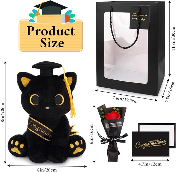 2026 Graduation Gift Set - Black Cat Plush with Soap Rose Bouquet & Card, Class of 2026 Stuffed Animal for Her, Him & Kids, High School College Graduate