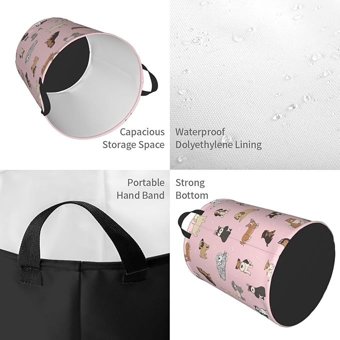 Cute Dogs Pink Round Laundry Hamper Storage Basket Toys Clothes Organizer Bin For Home Bathroom Bedroom Dorm Nursery, 38l