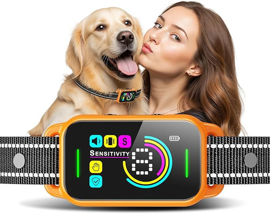 DINJOO Bark Collar for Large Medium Small Dogs - Smart AI 1S Stop Barking, Anti Barking Device & Dog Training Collar with Beep, Vibration & 8-Level Sensitivity, IP67 Waterproof - Pastel Orange