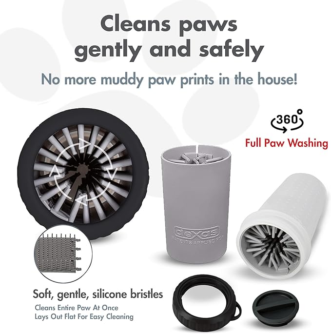 Dexas Lidded MudBuster Dog Paw Cleaner in Light Gray - Fits 1.5"-2.5" Wide Paws, Portable Paw Washer for Muddy Paws, Dog Paw Cleaning Cup with Gentle Silicone Bristles, Quick Clean Pet Paw Washer