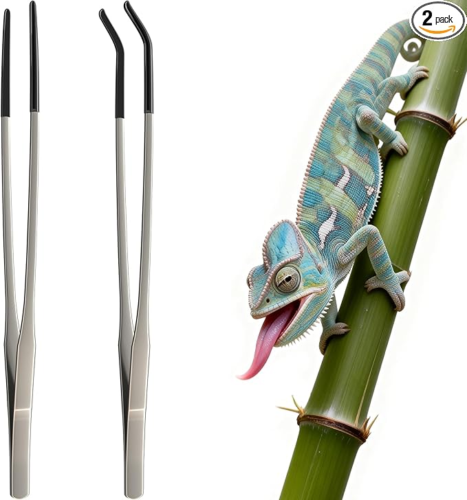 2 Pcs Extra Long Stainless Steel Reptile Feeding Tongs 10.6 IN with Soft Rubber Tip – Straight & Curved Tweezers for Bearded Dragon, Tank Accessories, Lizards, Terrarium, Aquarium, Leopard Gecko