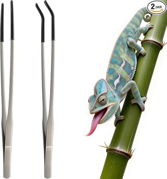 2 Pcs Extra Long Stainless Steel Reptile Feeding Tongs 10.6 IN with Soft Rubber Tip – Straight & Curved Tweezers for Bearded Dragon, Tank Accessories, Lizards, Terrarium, Aquarium, Leopard Gecko