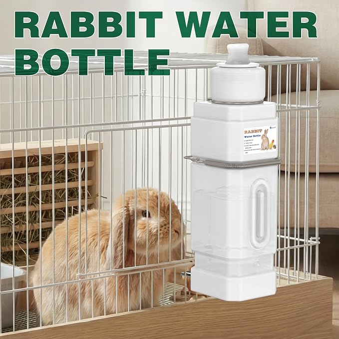 Salcod Top Fill Small Animal Water Dispenser for Cage, 42 oz No Drip Rabbit Water Bottle with Easy Mount Clip, Large Bunny Water Dispenser for Rabbit, Guinea Pig, Chinchilla, Ferret, BPA Free, White