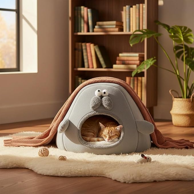 Small Pet Shelter Bed 2-in-1 Convertible Pet Tent House Soft Enclosed, Gray, L 40 40 40CM