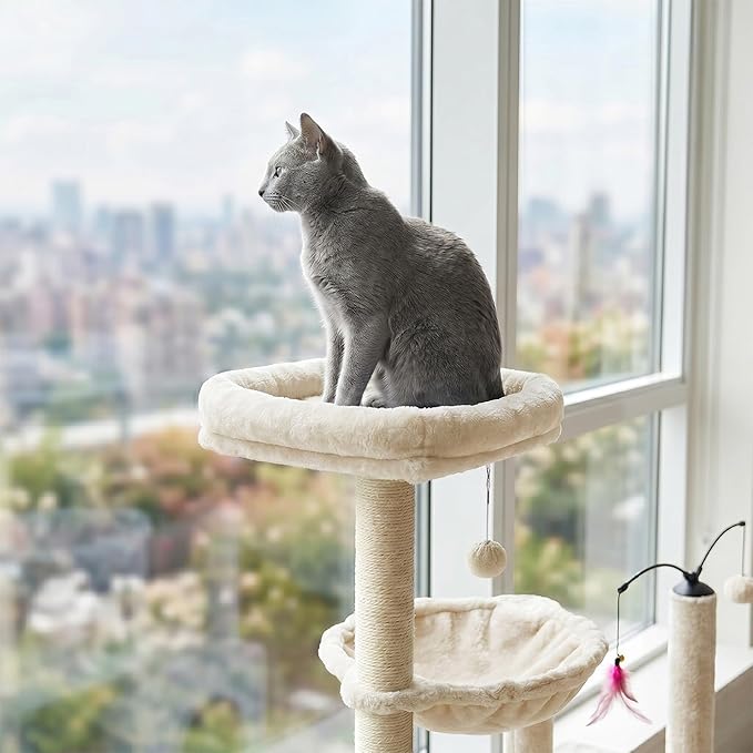 YUNIQUE Multi-Functional Cat Tree Tower, Big Cat Condo with Scratching Board, Rotating Toy & Deep Hammock, Luxury Perch Kitty Furniture for Indoor Cats (Beige)
