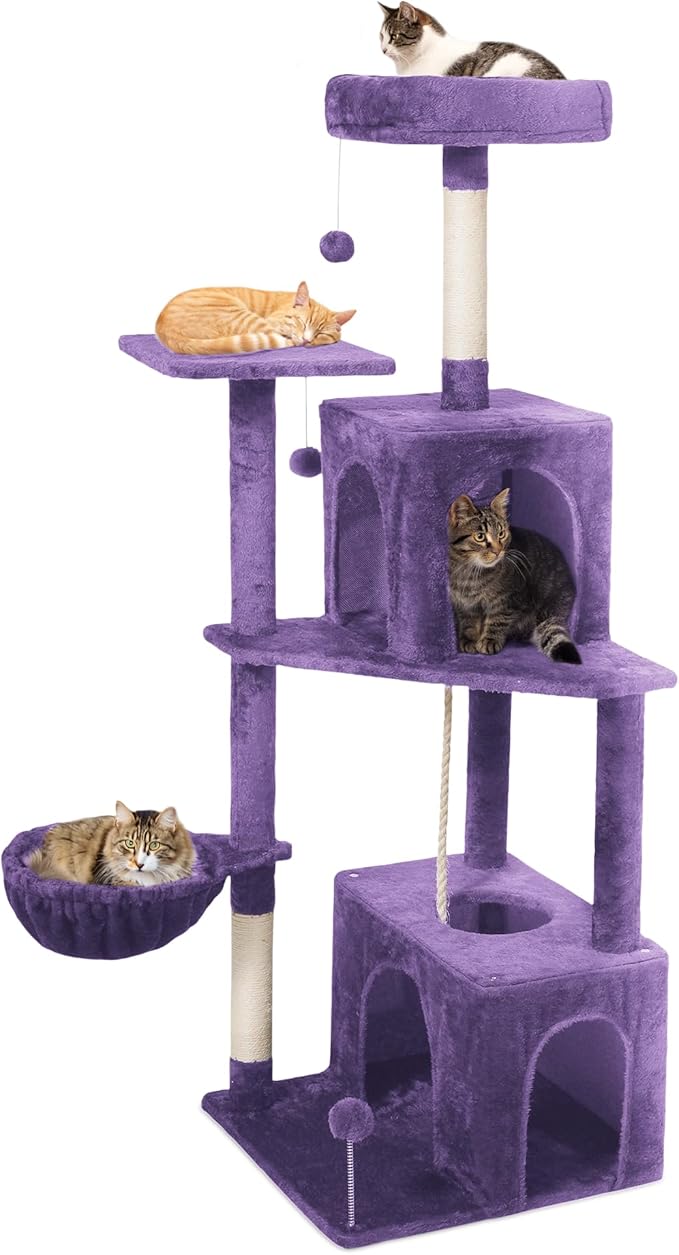 54-Inch Cat Tree Tower with 2 Caves & 2 Pompoms - Multi-Level Tower for Indoor Cats, Soft Plush Condo with Scratching Posts - Sturdy Base for Large Cats(Purple)