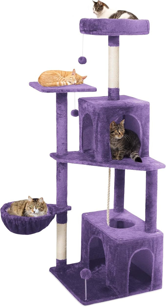 54-Inch Cat Tree Tower with 2 Caves & 2 Pompoms - Multi-Level Tower for Indoor Cats, Soft Plush Condo with Scratching Posts - Sturdy Base for Large Cats(Purple)