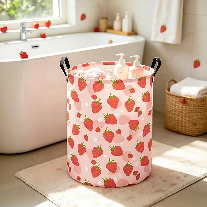 Collapsible Fabric Storage Basket, Waterproof Laundry Hamper with Handles, Round Storage Bin for Clothes Toys, Foldable Organizer for Bedroom Nursery Bathroom(Round-Pink Strawberry)