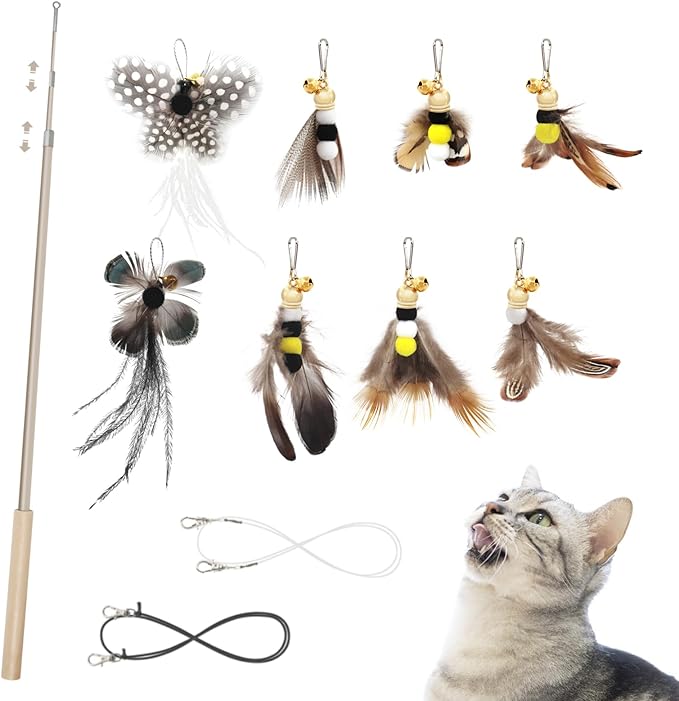 SONGWAY Cat Teaser Wand Toy - 9 Piece Retractable Set, Insect Worm Replacement Teaser with Bell, Interactive Cat Toy for Indoor Kittens