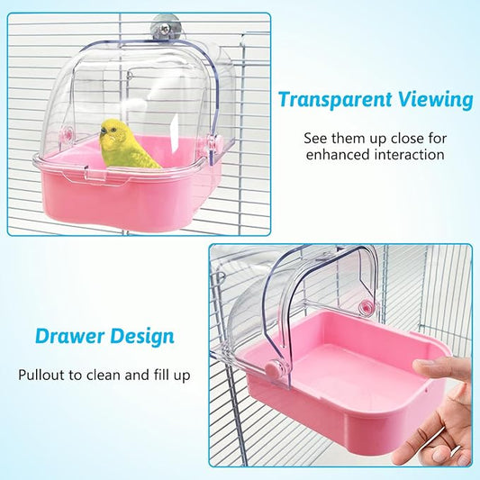 Tfwadmx Bird Cage Bath Hanging Parrot Bath Tub Water Shower Food Feeder Holder Tray Bird Bath Supplies for Small Birds Canary Budgies Cockatiel Lovebirds (Pink)