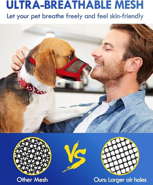 Dog Muzzle, Soft Air Mesh Muzzles for Small Sized Dogs, Breathable Dog Mussels for Scavenging Biting Licking & Barking, Adjustable Mouth Guard for Grooming, Allows Panting and Drinking (Red,S)