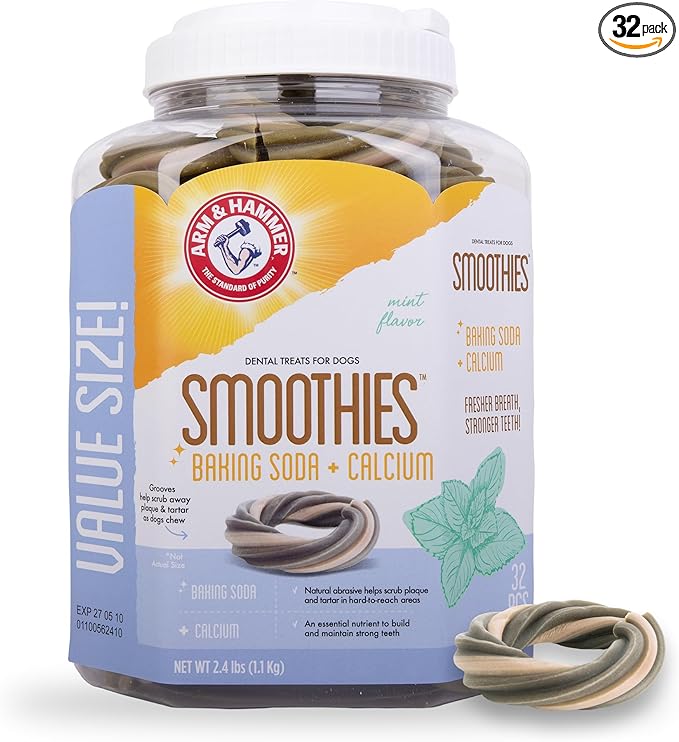 Arm & Hammer Smoothies Dental Chews for Dogs with Baking Soda & Calcium, Fight Bad Breath, Plaque & Tartar without Brushing, Mint Flavor, Ring Shaped, 32 Count, 2.4 lb Bucket