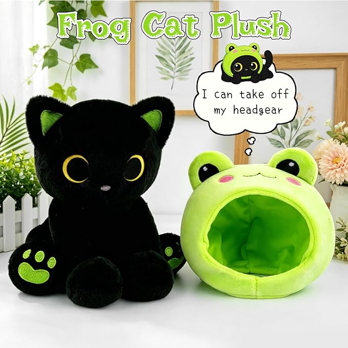 Frog Plush Toy, Cute Black Cat Plush with Removable Frog Hat, 8" Soft Plushie Cute Stuffed Animal Pillow for Kids, Birthday Gift for Boys and Girls and Adults