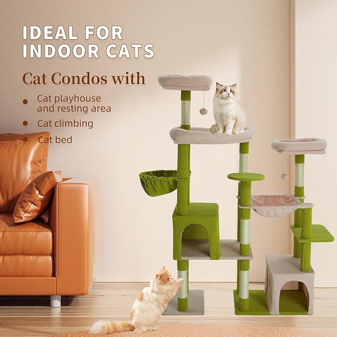 Indoor Cat Tree for Large Cats, 64.5 Inch Multi-Cat Cat Tree, Includes 3 Perches, 2 Cat Beds, 2 Hanging Baskets, Ideal for Multiple Cats to Play (Green + Pink)
