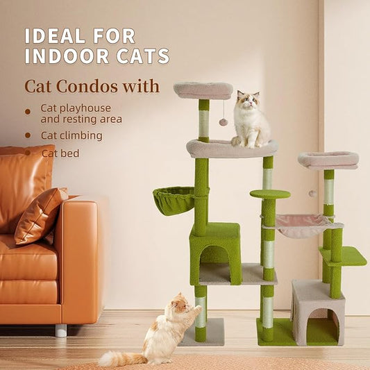 Indoor Cat Tree for Large Cats, 64.5 Inch Multi-Cat Cat Tree, Includes 3 Perches, 2 Cat Beds, 2 Hanging Baskets, Ideal for Multiple Cats to Play (Green + Pink)