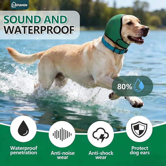 Dog Ear Cover for Hematoma,Bathing,Grooming,Drying,Fashion No Shake Ear Wraps for Dogs Ear Muffs Noise Protection Anxiety Relief,Waterproof Dog Calming Hoodie Shower Cap(Green,S)