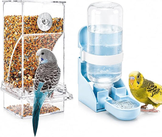 Rypet No Mess Bird Water Feeder Dispenser Set Automatic Bird Feeder Transparent Food Container Cage Acrylic Parrot Feeders Accessories for Small Birds Parrot Cockatoo Canary
