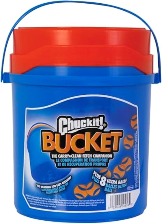 Chuckit! Ultra Ball Dog Toy with Chuckit! Cleaning Bucket, Bouncy Fetch Pet Toys For Dogs 20-60 lbs, Interactive Dog Toys, Durable Rubber, Size Medium, 2.5-inch Diameter, 8-Pack of Balls