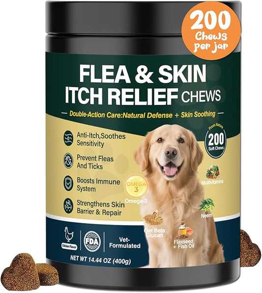 Dog Flea and Tick Prevention Allergy Chews - Omega 3 Skin and Coat Supplement,Immune Support,Natural Yeast,Itching & Licking Relief Treatment Chewable,Bites,Chews for Dogs Itching-200 Count
