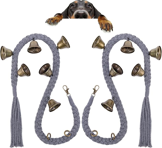 KLOGTSIND 2 Pack Dog Bells for Door Potty Training, Handwoven Cotton Rope Dog Doorbell with 6 Extra Loud Bells, Adjustable Dog Door Bells for Small Medium Large Dogs to Ring to Go Outside, Grey