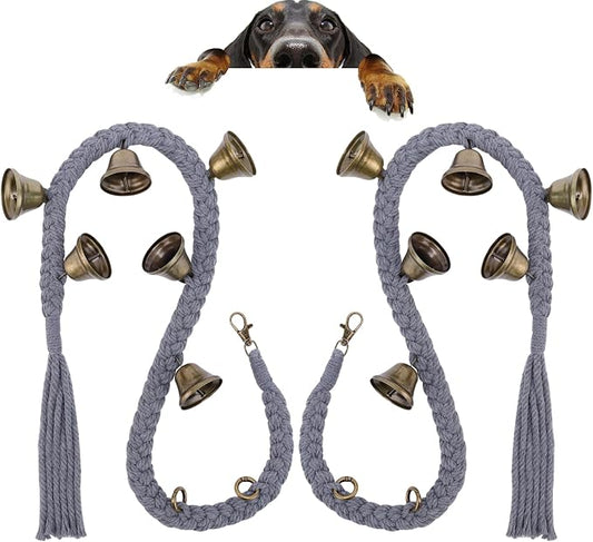KLOGTSIND 2 Pack Dog Bells for Door Potty Training, Handwoven Cotton Rope Dog Doorbell with 6 Extra Loud Bells, Adjustable Dog Door Bells for Small Medium Large Dogs to Ring to Go Outside, Grey