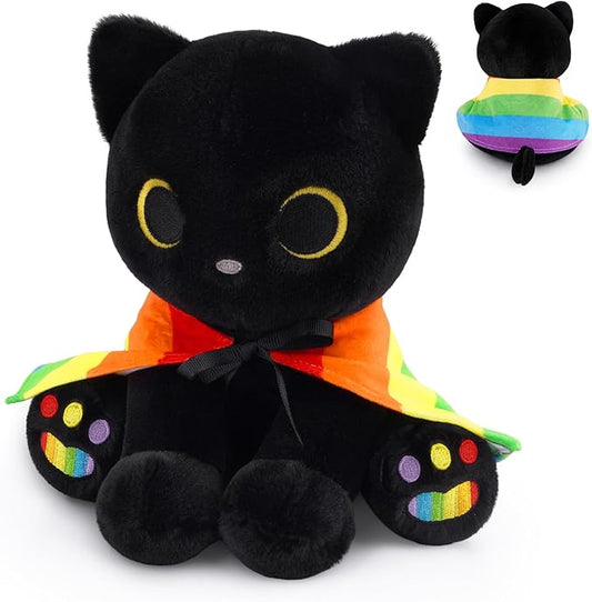 Black Cat Plush - 8" Cute Cat Stuffed Animal with Removable Rainbow Cape & Colorful Paws, Huggable Kawaii LGBTQ+ Gift for Friends, Lovers & Allies, Pride Month Decor
