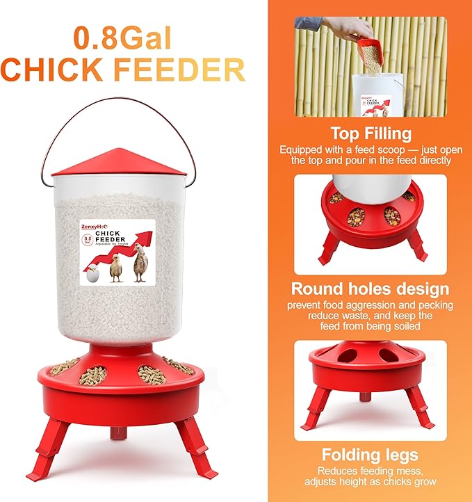 2-in-1 Chick Starter Set: 0.8 Gal Top Filling Feeder and 0.4 Gal Waterer with Adjustable Legs for Baby Chicks, Includes Scoop, Hanging Hooks, Anti-Drown Design (Red)