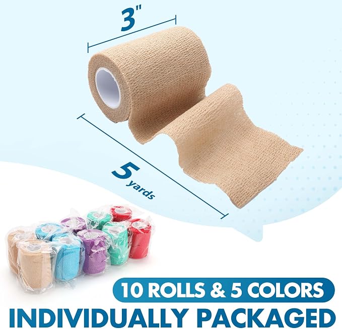 LotFancy 10 Rolls Self Adhesive Vet Wrap, 3 Inch Cohesive Bandage Wrap for Horses, Dogs, Cats, Pet, Animal, Non-Woven Medical First Aid Tape for Wounds, Paw, Leg, Foot, Ankle Sprains & Swelling