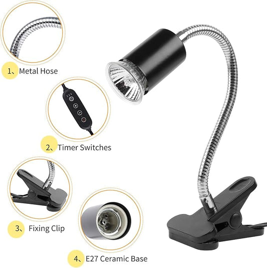 LUCKY HERP Reptile Heat Lamp with Clamp, Aquarium Turtle Tank Basking Light with 360° Rotatable Timing & Dimming and 2 Pack 50W UVA UVB Heat Light Bulb for Turtle Tortoise Lizard