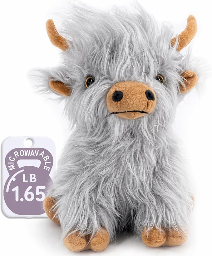 Marysun Highland Cow Stuffed Animal Toy, Gray Microwavable Highland Cow Gift for Girls and Kids, 9.8in, 1.65lb