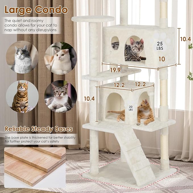 PayLessHere Cat Tree 62in Cat Tower with Cat Scratching Post,Multi-Level Cat Condo Stand House Furniture Kitty Activity Center with Furry Ball Toys Cat Tree for Indoor Cats,Beige