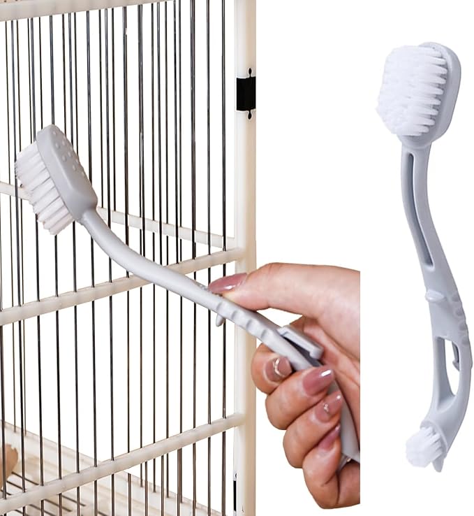 Bird Cage Cleaner with Double Brush Heads Long Handle Cleaning Tool for Small Animal Ferret Bunny Guinea Pigs Cages Food Bowl Pads Groomming (2PC)