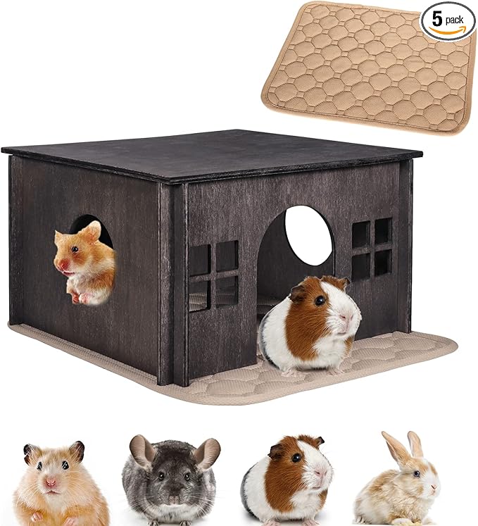 Wooden Guinea Pig Hideout, Guinea Pig House Small Rabbit Hideout with Multiple Windows, Small Animal House Bunny House Hideaway Castle Habitat for Guinea Pigs, Hamster, Chinchilla