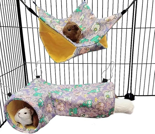 Guinea Pig Rat Tunnel Ferret Hammock, Small Animal Corner Tunnel & Tubes & Bed for Hedgehog Piggy Chinchilla Hideout Toys and Cage Accessories (3.Hammock&Tunnel, Owl)