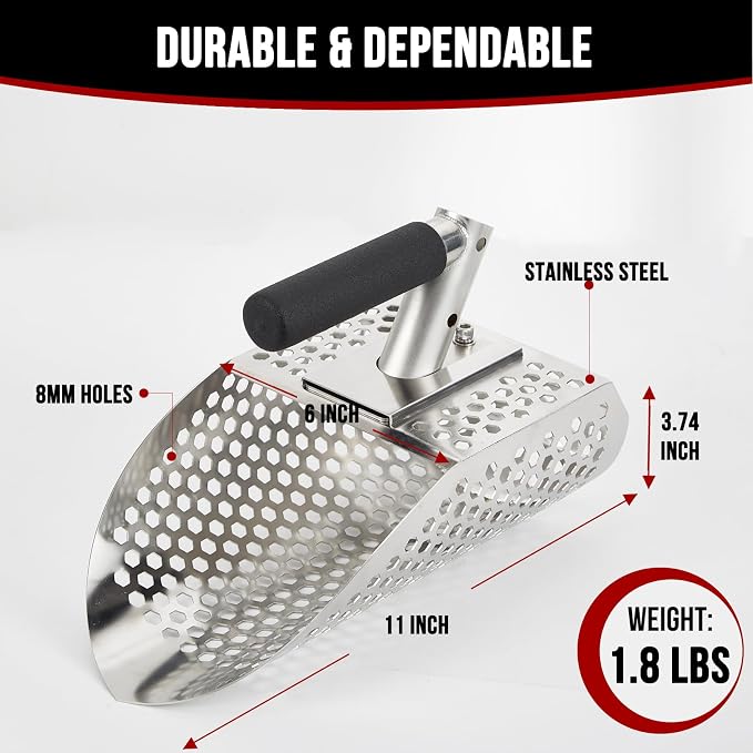 Sand Scoops for Metal Detecting, Stainless Steel Metal Detector Scoop with Digging Tool, Sand Sifter Shovel, Metal Detector Accessories, Heavy Duty Metal Detecting Shovel, Sand Flea Rake for Beach