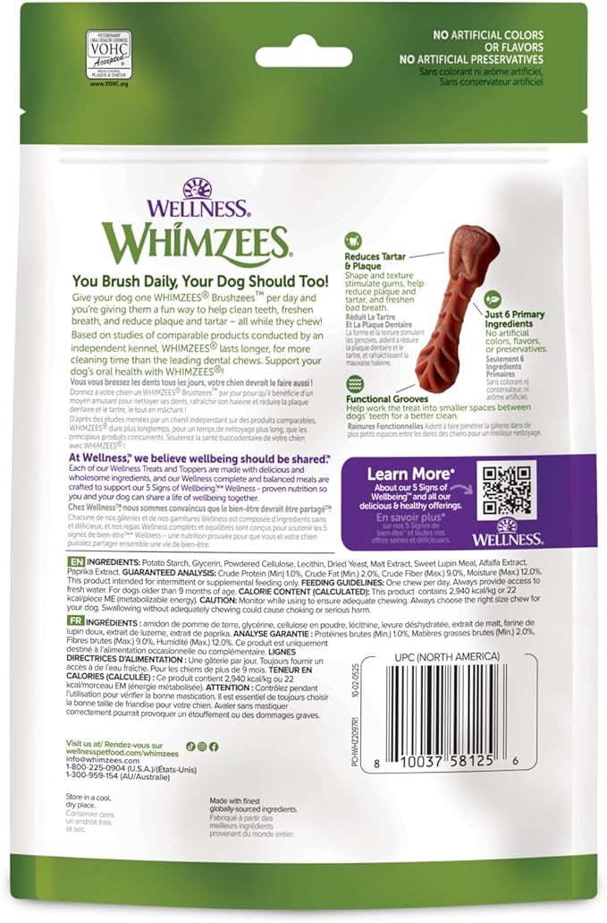 Wellness WHIMZEES Brushzees Dog Dental Treat, VOHC Accepted Chews, Freshens Breath, Extra-Small Size, 4.2 oz Bag, 16 Count