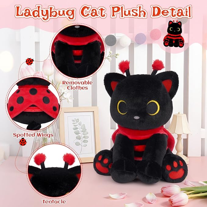 Black Cat Plush with Removable Ladybug Costume, 8inch Black Cat Stuffed Animal with Big Eyes Cute Soft Huggable Toy for Boys Girls,Toddlers Insect-Themed Room Decor Birthday Gifts