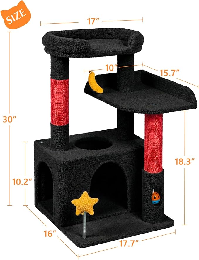 30In Cute Cat Tower for Indoor Cats with Cat Condo, Plush Platform, Hammock, Sisal Scratching Posts, Dangling Ball, Tall Cat Tree Tower with Self-Grooming Brush (Jet Black)