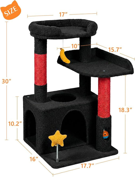 30In Cute Cat Tower for Indoor Cats with Cat Condo, Plush Platform, Hammock, Sisal Scratching Posts, Dangling Ball, Tall Cat Tree Tower with Self-Grooming Brush (Jet Black)