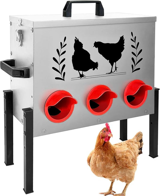 No Waste Automatic Chicken Feeder (30 LB), Rodent Resistant Metal Poultry Feeder with Locking Lid, Adjustable Stand & 8 Ports, Heavy Duty Weatherproof Feed Box for Hens, Ducks
