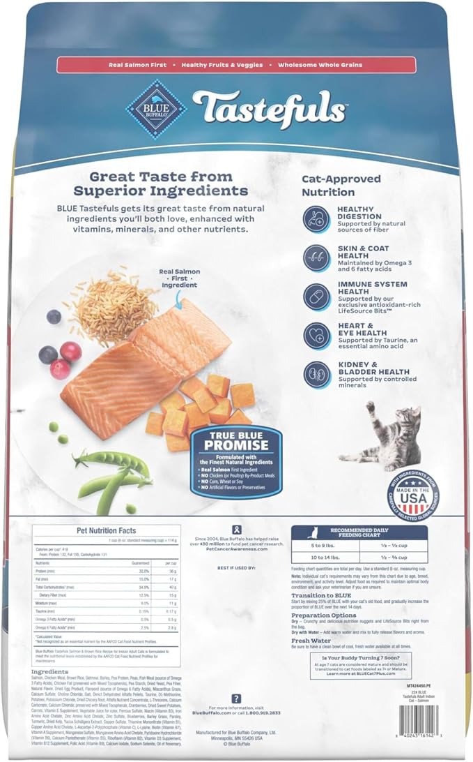 Blue Buffalo Tastefuls Natural Dry Food for Adult Indoor Cats, Salmon & Brown Rice Recipe, 22-lb Bag