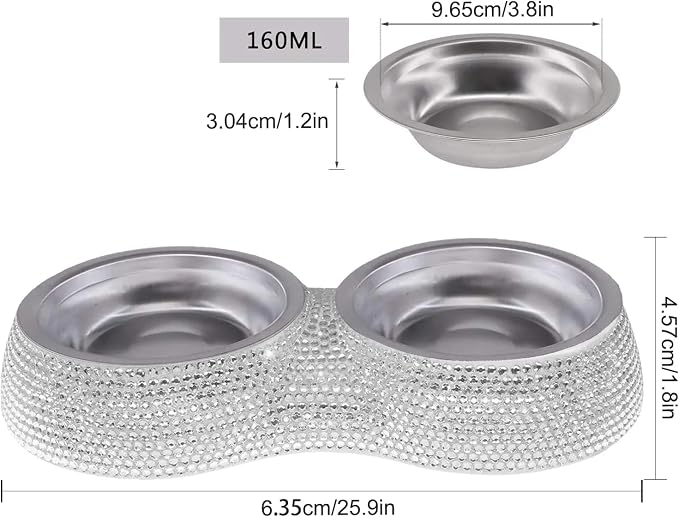 SAVORI Small Cat Bowls Pink, 320ML Handmade Bling Rhinestones Stainless Steel Pet Bowls Removable Double Food Water Feeder for Puppy Cats Dogs