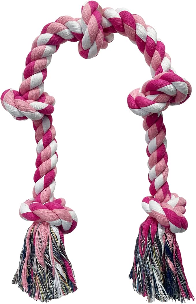 Lmlpt Dog Rope Toy for Large Aggressive Chewers, Heavy Duty Rope Chew Toy Indestructible Tough Tug of War Pink Dog Toys,3 Feet 5 Knots Interactive Cotton Ropes Toys for Large Breeds Teeth Cleaning