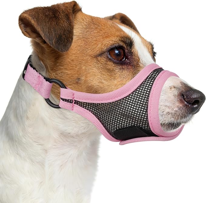 Mayerzon Mesh Dog Muzzle, Adjustable Muzzle for Small Medium Dogs, Prevent Fierce Barking Biting Eating, Ideal for Grooming Vet Visits Walking, Allow Panting & Drinking, Soft & Breathable (Pink, S/M)