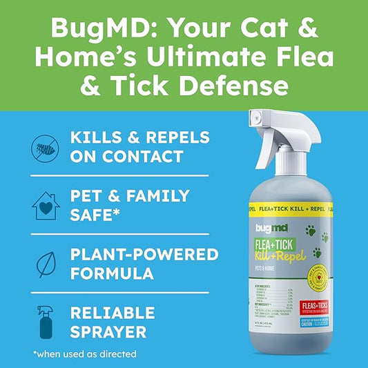 BugMD Pet Safe Flea Spray for Cats & Home | Natural Indoor Flea Killer & Tick Prevention | Plant-Based Flea Treatment for Carpet, Furniture & Cat Trees with Essential Oils