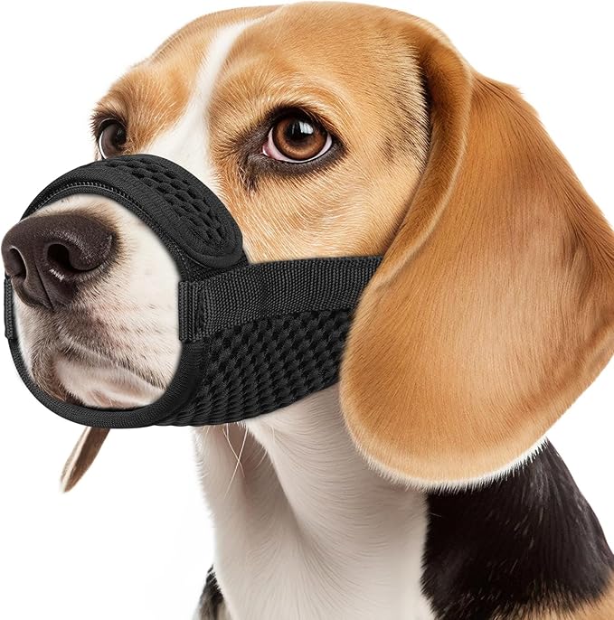 Mayerzon Dog Muzzle with Hook and Loop for Large Medium Small Dogs, Patented Soft Mesh Beagle Labrador Puppy Muzzles for Biting Chewing Grooming, Breathable, Adjustable, Allows Panting (Black, S)