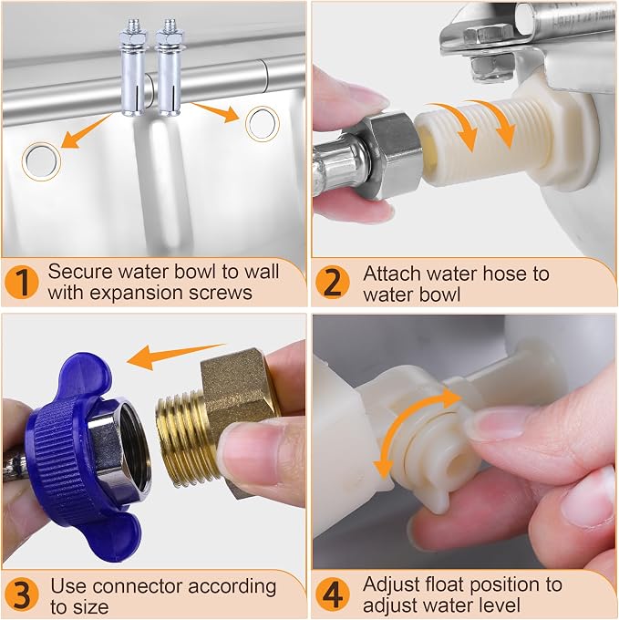 MYFAMIREA Automatic Animal Drinking Water Bowl Stainless Steel Waterer Feeder Farm Dog Dispenser Kit Self Filling for Livestock Horse Goat Water Trough with Float Valve Drain Hole Hose Adapter Bolts