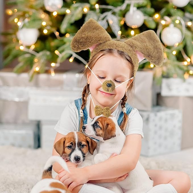 4-Piece Dog Ears and Tail Costume Accessory Set – Includes Brown Plush Dog Ears Headband, Nose, Bow Tie, and Clip-On Tail for Halloween Cosplay, Dress-Up Parties, School Plays, Animal-Themed Events
