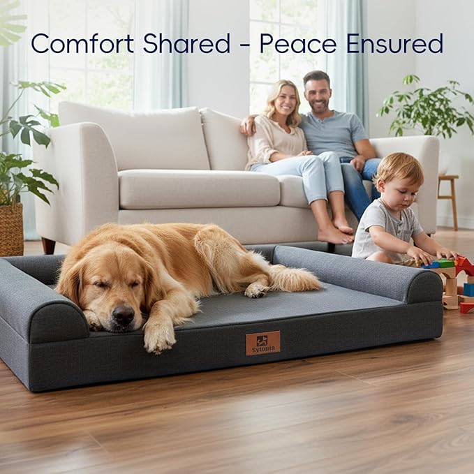 Sytopia 42 Inch Indestructible Orthopedic Sofa Dog Bed for Extra Large Dogs, Chew Proof Waterproof Foam Pet Couch Bed with Sides, Egg Crate Foam, Removable Washable Cover, Dark Grey