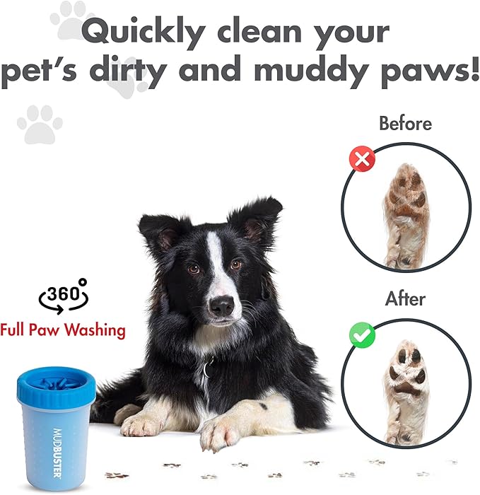 Dexas MudBuster Medium Dog Paw Cleaner in Pro Blue - Fits 1.5"-2.5" Wide Paws, Portable Paw Washer for Muddy Paws, Dog Paw Cleaning Cup with Gentle Silicone Bristles, Quick Clean Pet Paw Washer
